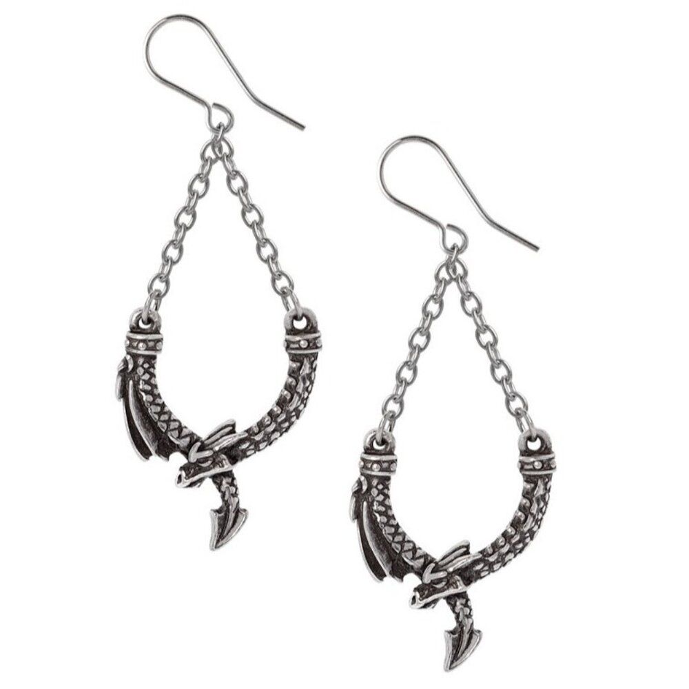 Alchemy Gothic Dragon's Lure Dropper Earrings Pewter Dangling Chain Fantasy